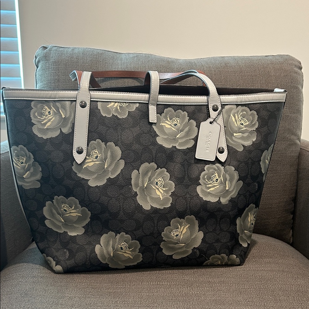 Coach Gray and Slate Blue Floral Tote - Picture 2 of 4
